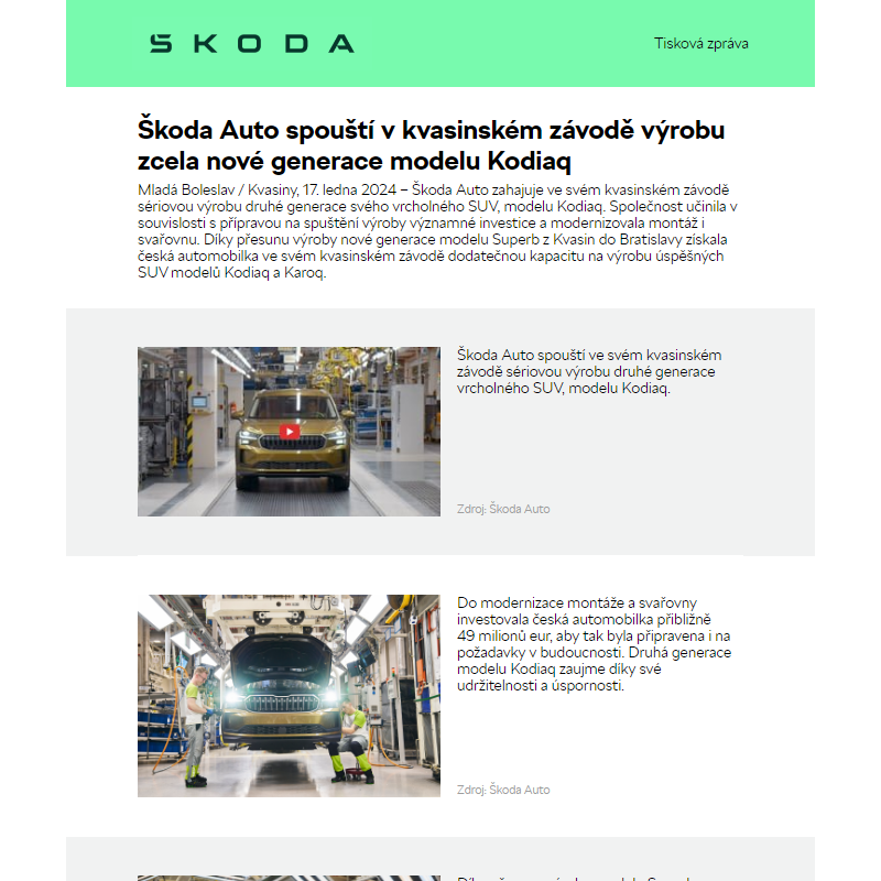 Škoda Auto spouští v kvasinském závodě výrobu zcela nové generace modelu Kodiaq