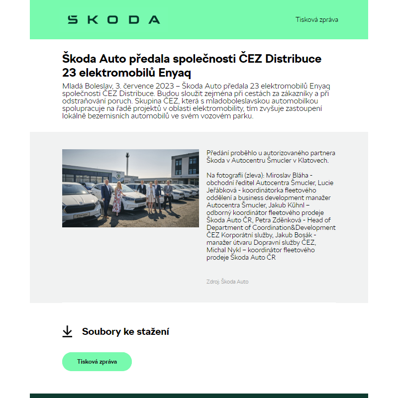 Škoda Auto předala společnosti ČEZ Distribuce 23 elektromobilů Enyaq