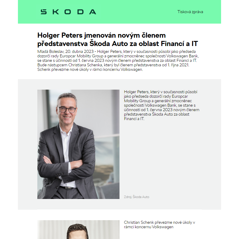 Holger Peters jmenován novým členem představenstva Škoda Auto za oblast Financí a IT