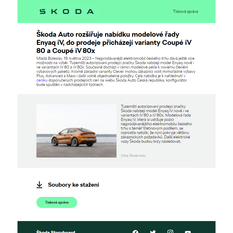 Škoda Auto rozšiřuje nabídku modelové řady Enyaq iV, do prodeje přicházejí varianty Coupé iV 80 a Coupé iV 80x