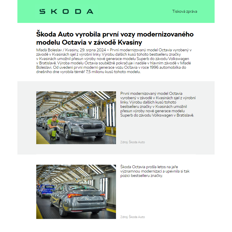 Škoda Auto vyrobila první vozy modernizovaného modelu Octavia v závodě Kvasiny