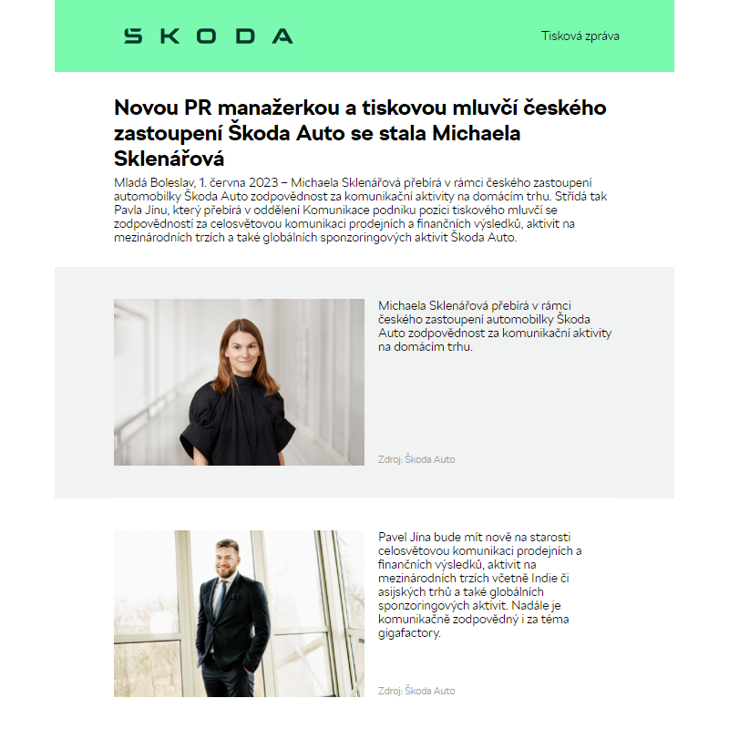 Novou PR manažerkou a tiskovou mluvčí českého zastoupení Škoda Auto se stala Michaela Sklenářová