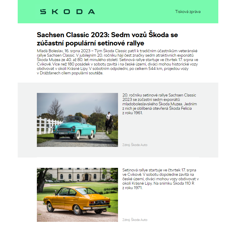 Sachsen Classic 2023: Sedm vozů Škoda se zúčastní populární setinové rallye