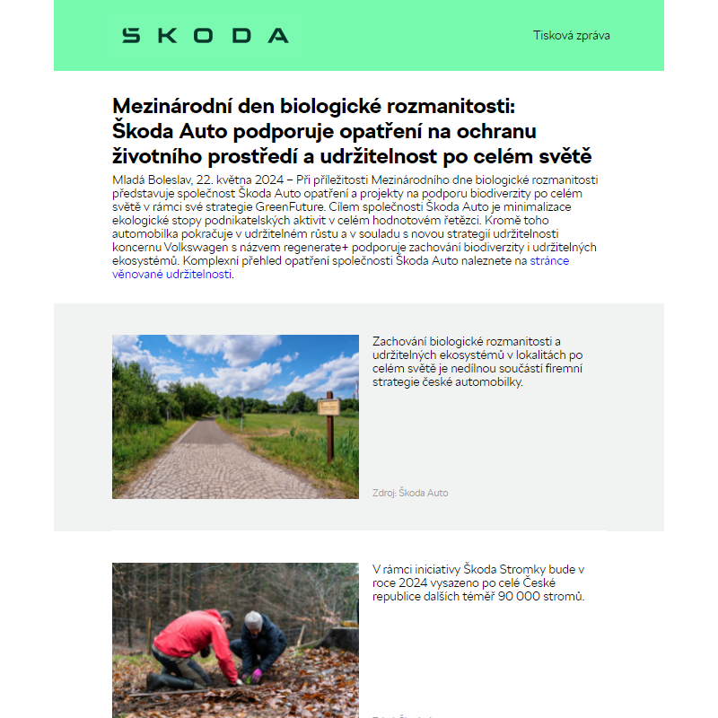 Mezinárodní den biologické rozmanitosti: Škoda Auto podporuje opatření na ochranu životního prostředí a udržitelnost po celém světě