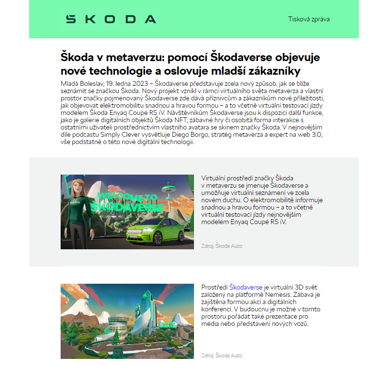 Škoda v metaverzu: pomocí Škodaverse objevuje nové technologie a oslovuje mladší zákazníky