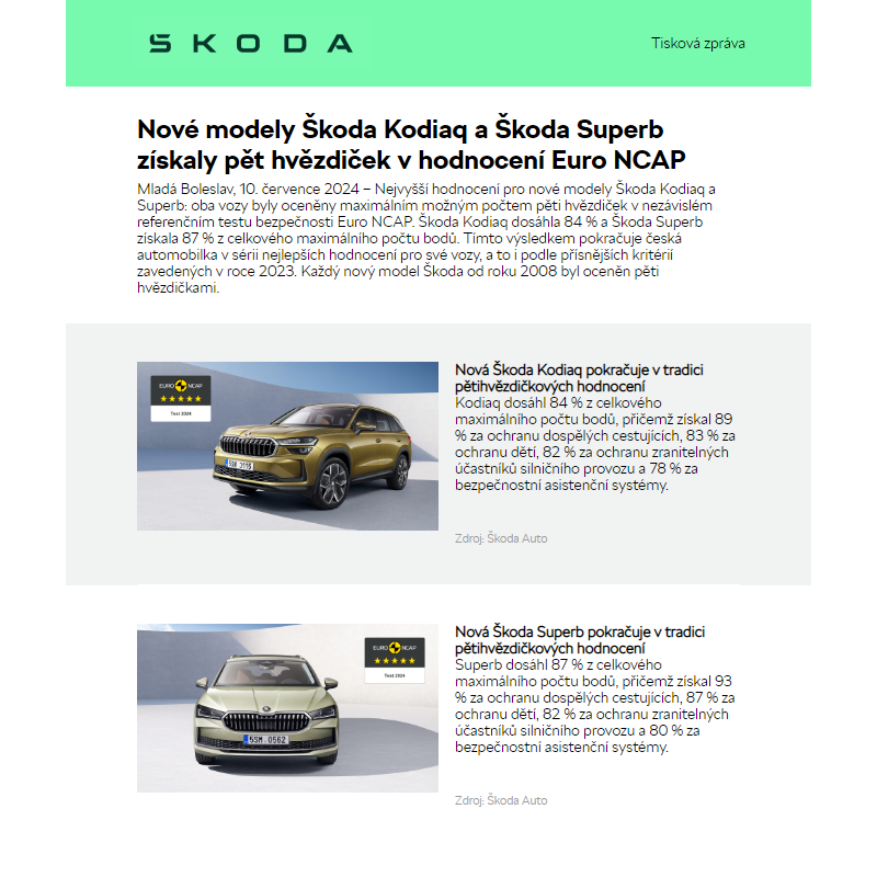 Nové modely Škoda Kodiaq a Škoda Superb získaly pět hvězdiček v hodnocení Euro NCAP