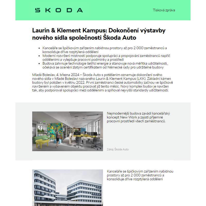 Laurin & Klement Kampus: Dokončení výstavby nového sídla společnosti Škoda Auto