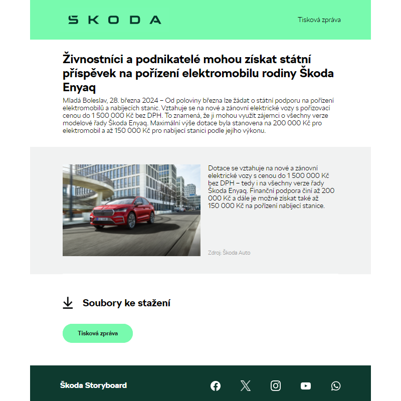 Živnostníci a podnikatelé mohou získat státní příspěvek na pořízení elektromobilu rodiny Škoda Enyaq