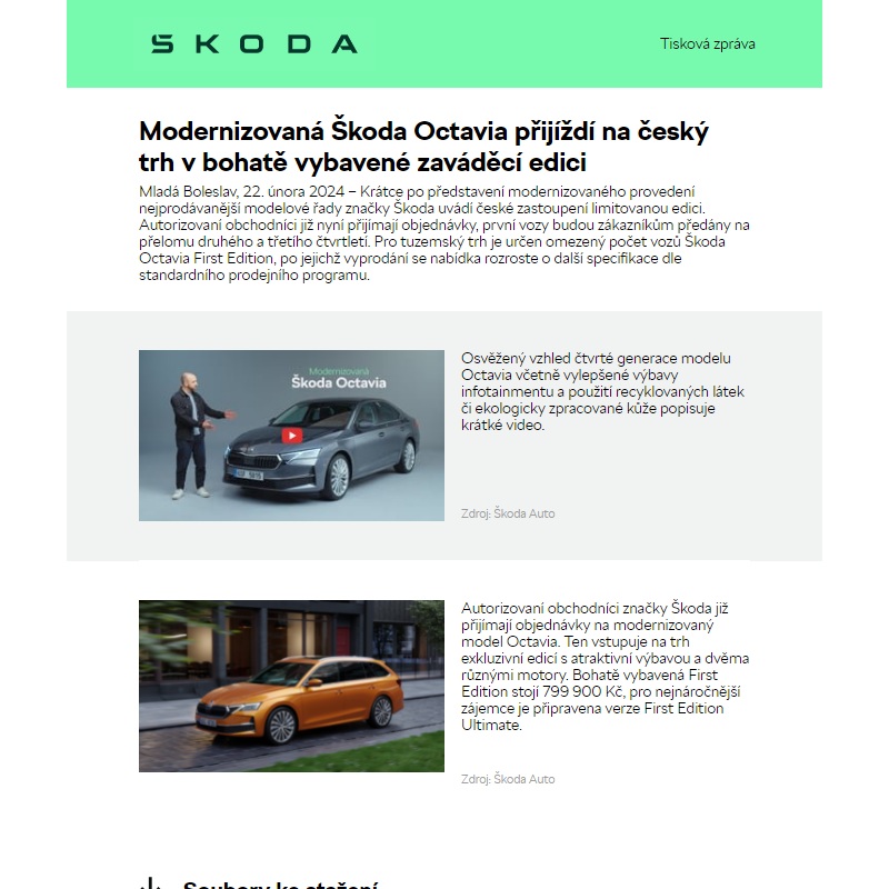 Modernizovaná Škoda Octavia přijíždí na český trh v bohatě vybavené zaváděcí edici