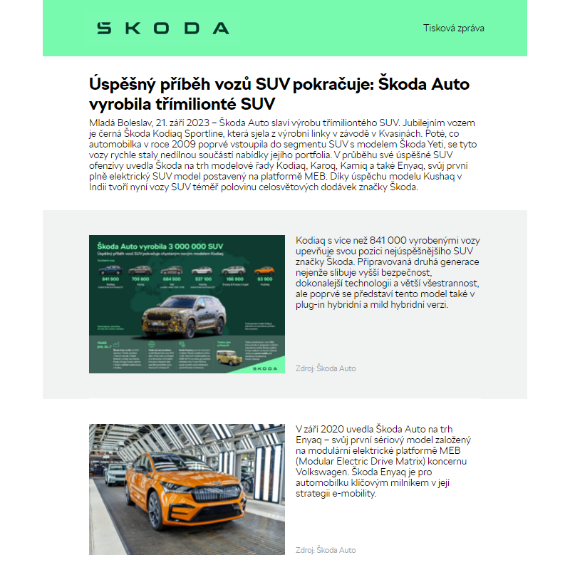 Úspěšný příběh vozů SUV pokračuje: Škoda Auto vyrobila třímilionté SUV