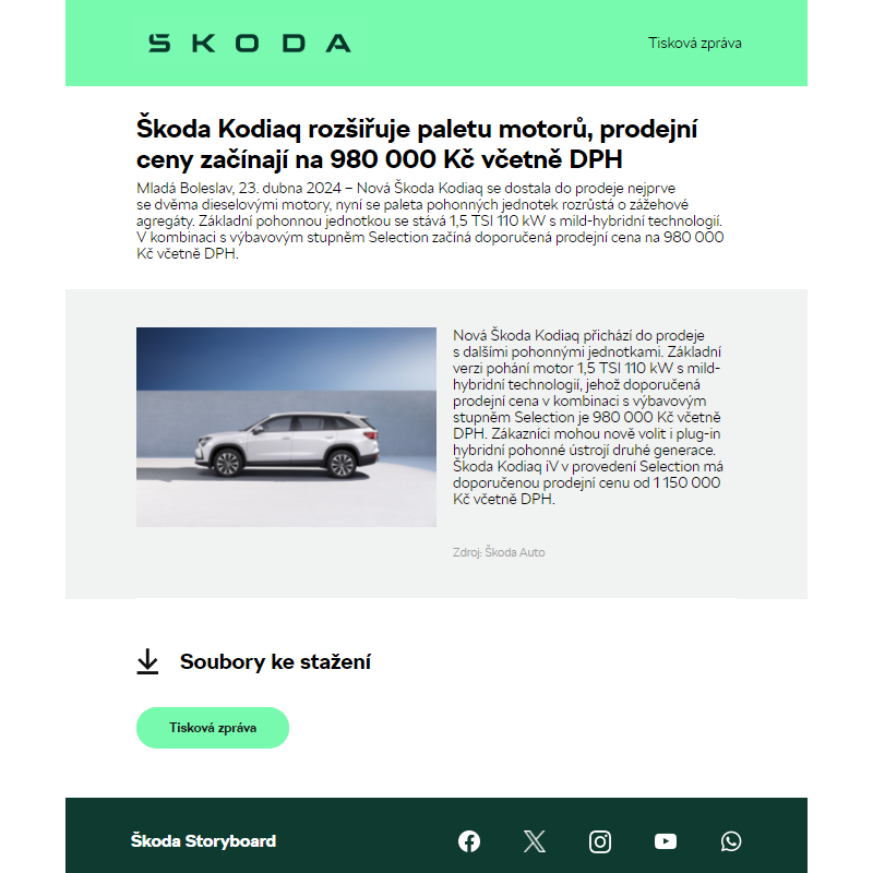 Škoda Kodiaq rozšiřuje paletu motorů, prodejní ceny začínají na 980 000 Kč včetně DPH