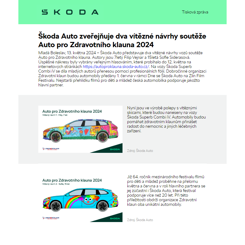 Škoda Auto zveřejňuje dva vítězné návrhy soutěže Auto pro Zdravotního klauna 2024