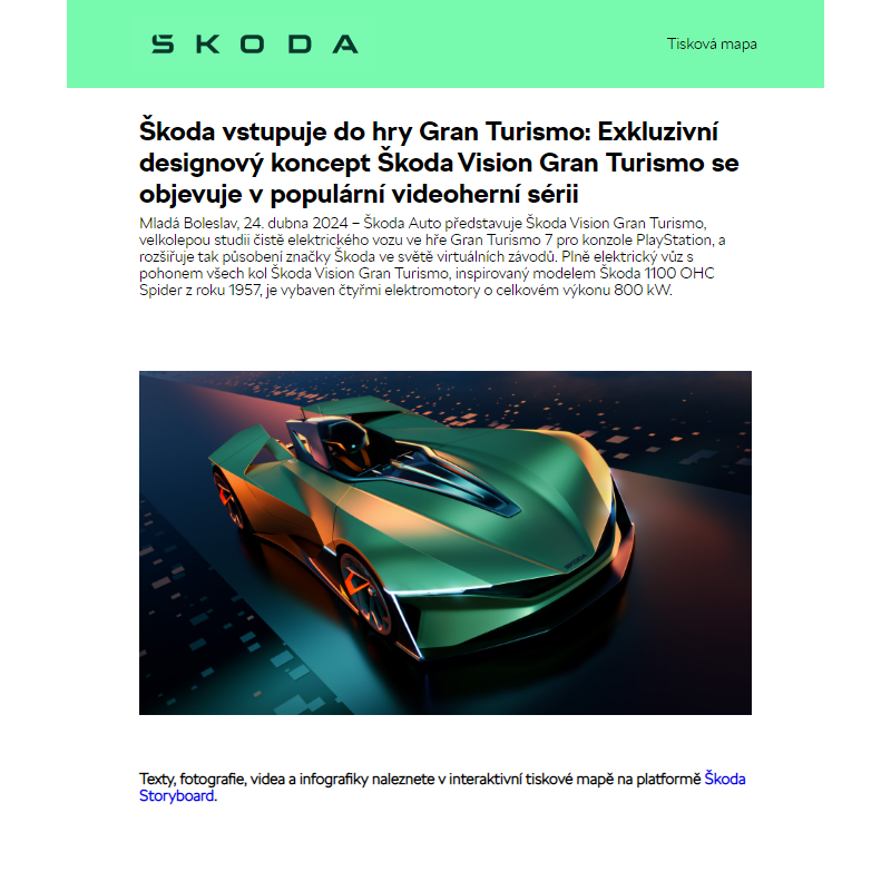 Škoda vstupuje do hry Gran Turismo: Exkluzivní designový koncept Škoda Vision Gran Turismo se objevuje v populární videoherní sérii