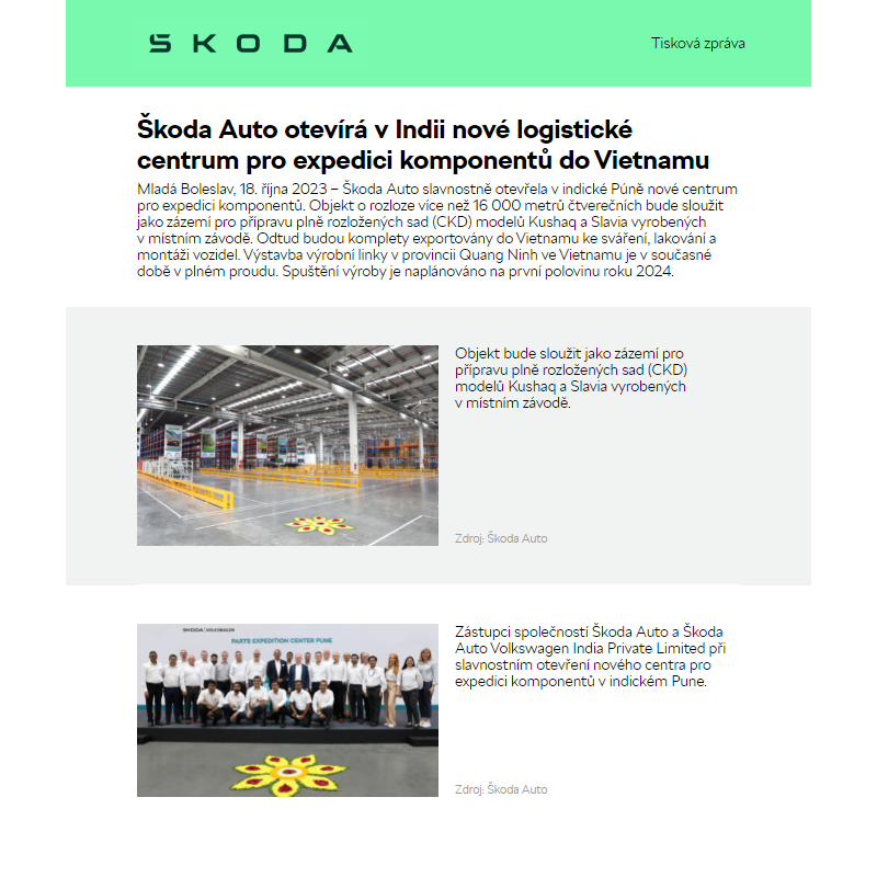 Škoda Auto otevírá v Indii nové logistické centrum pro expedici komponentů do Vietnamu