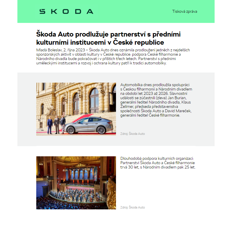 Škoda Auto prodlužuje partnerství s předními kulturními institucemi v České republice