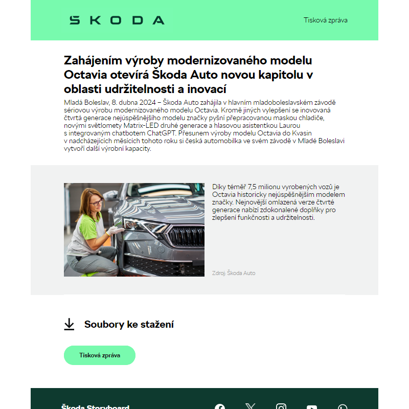 Zahájením výroby modernizovaného modelu Octavia otevírá Škoda Auto novou kapitolu v oblasti udržitelnosti a inovací