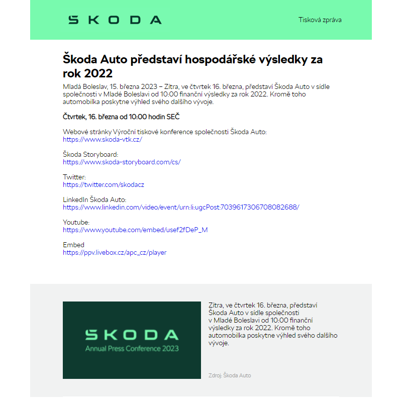 Škoda Auto představí hospodářské výsledky za rok 2022