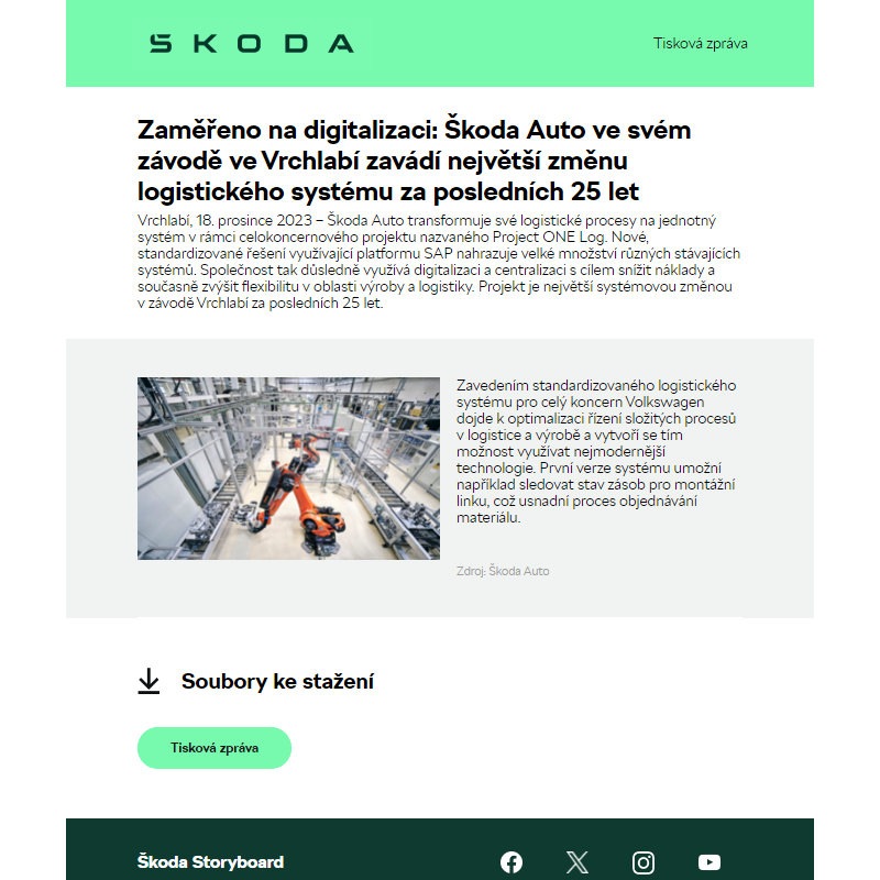 Zaměřeno na digitalizaci: Škoda Auto ve svém závodě ve Vrchlabí zavádí největší změnu logistického systému za posledních 25 let