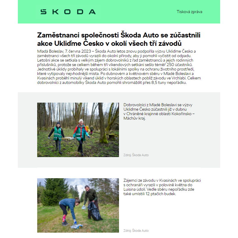 Zaměstnanci společnosti Škoda Auto se zúčastnili akce Ukliďme Česko v okolí všech tří závodů