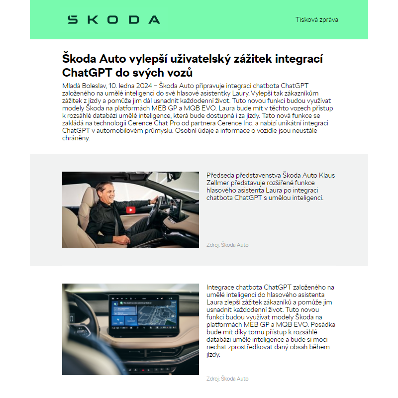 Škoda Auto vylepší uživatelský zážitek integrací ChatGPT do svých vozů