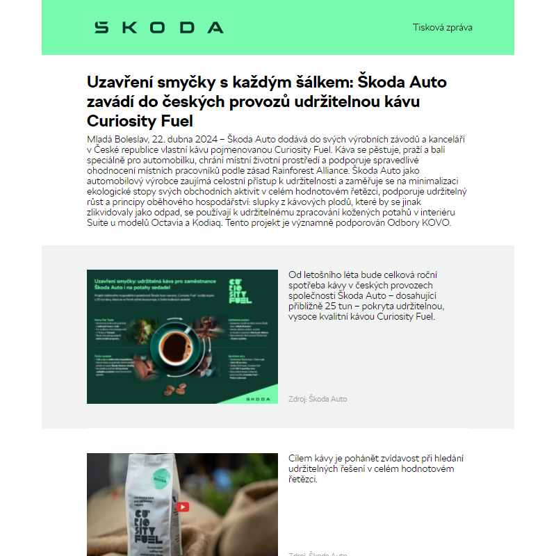 Uzavření smyčky s každým šálkem: Škoda Auto zavádí do českých provozů udržitelnou kávu Curiosity Fuel