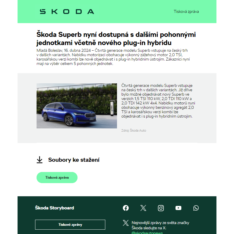 Škoda Superb nyní dostupná s dalšími pohonnými jednotkami včetně nového plug-in hybridu