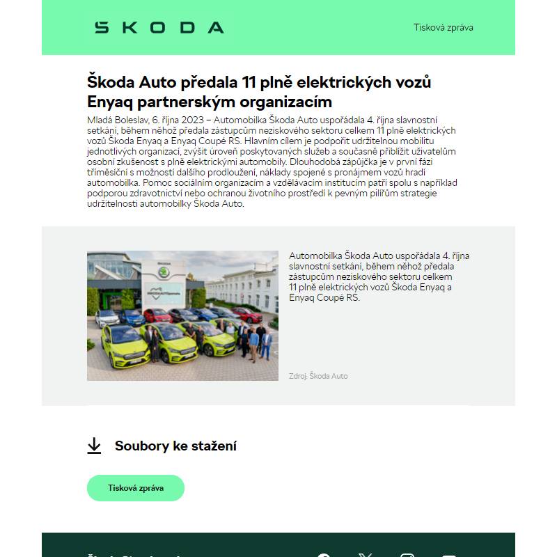 Škoda Auto předala 11 plně elektrických vozů Enyaq partnerským organizacím