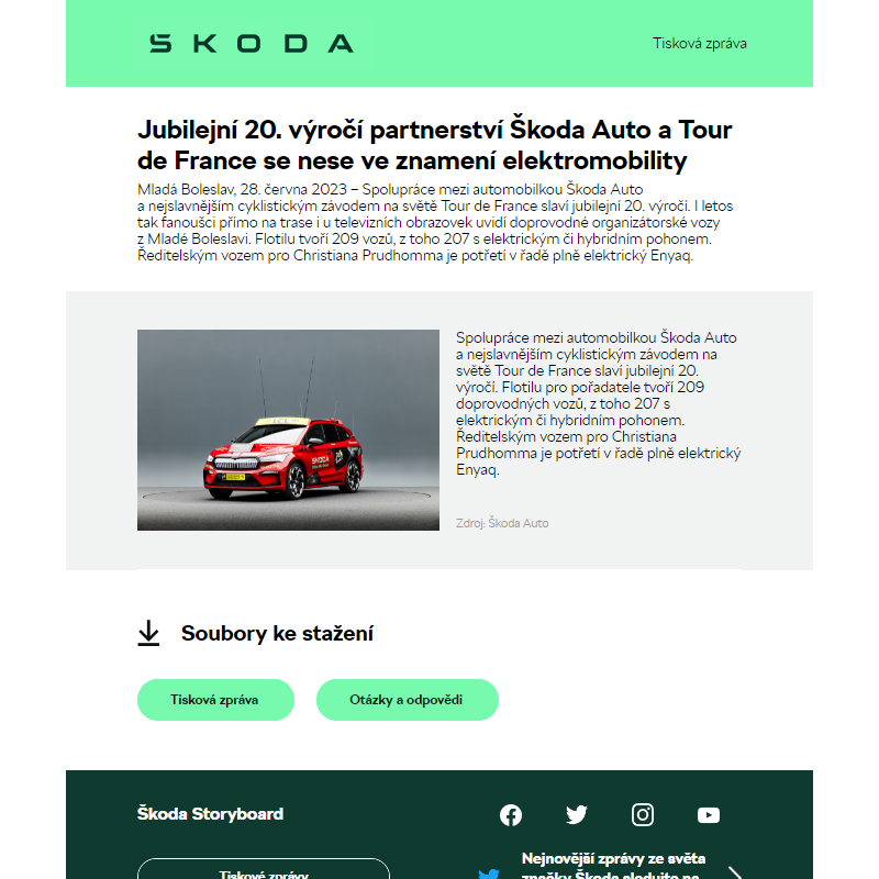Jubilejní 20. výročí partnerství Škoda Auto a Tour de France se nese ve znamení elektromobility
