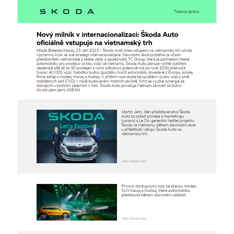 Nový milník v internacionalizaci: Škoda Auto oficiálně vstupuje na vietnamský trh