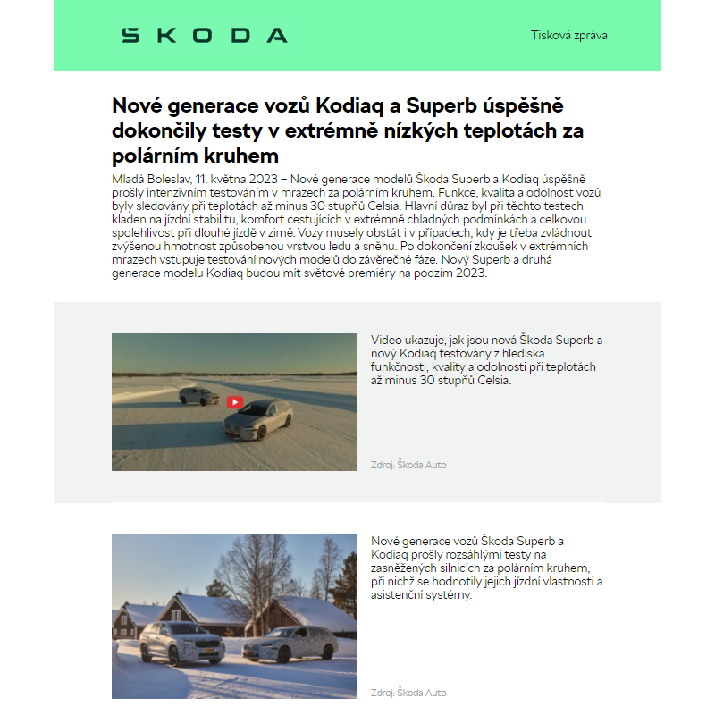 Nové generace vozů Kodiaq a Superb úspěšně dokončily testy v extrémně nízkých teplotách za polárním kruhem