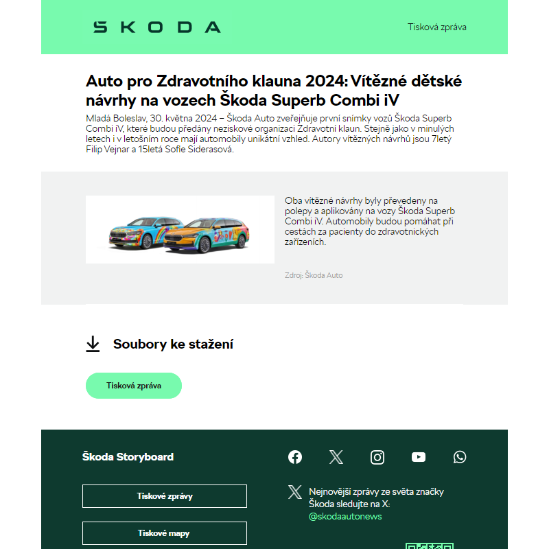 Auto pro Zdravotního klauna 2024: Vítězné dětské návrhy na vozech Škoda Superb Combi iV