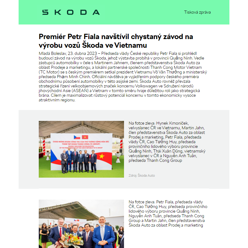 Premiér Petr Fiala navštívil chystaný závod na výrobu vozů Škoda ve Vietnamu