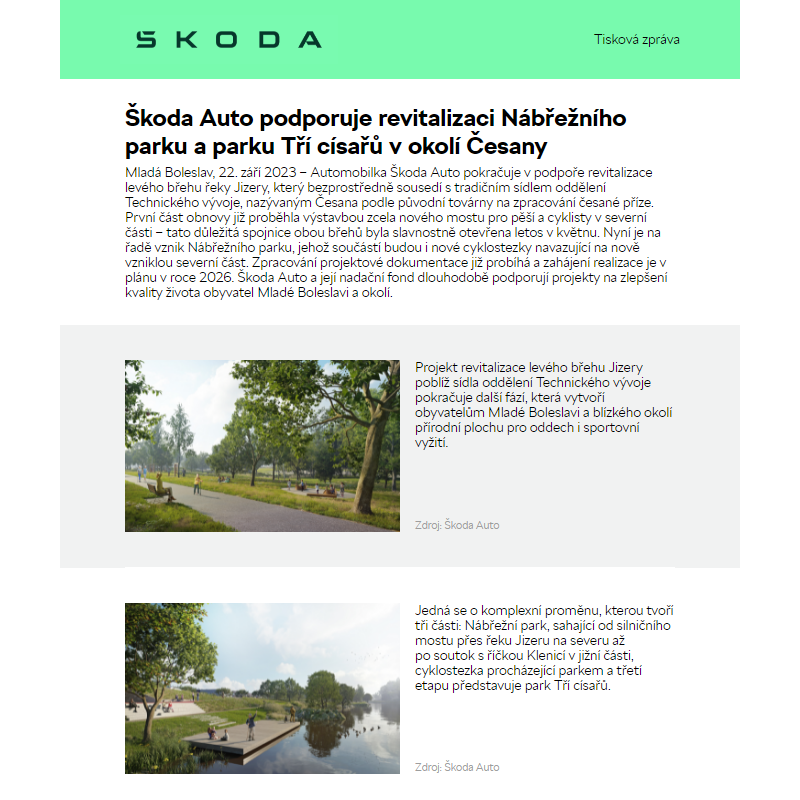 Škoda Auto podporuje revitalizaci Nábřežního parku a parku Tří císařů v okolí Česany
