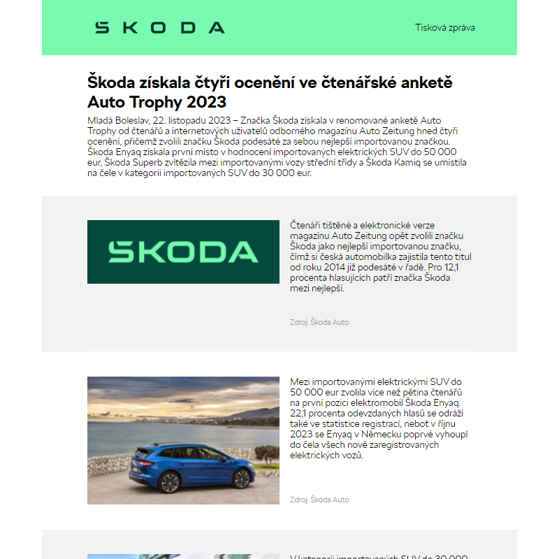 Škoda získala čtyři ocenění ve čtenářské anketě Auto Trophy 2023