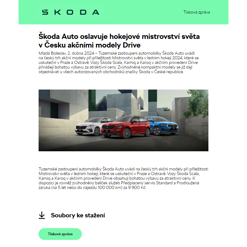 Škoda Auto oslavuje hokejové mistrovství světa v Česku akčními modely Drive
