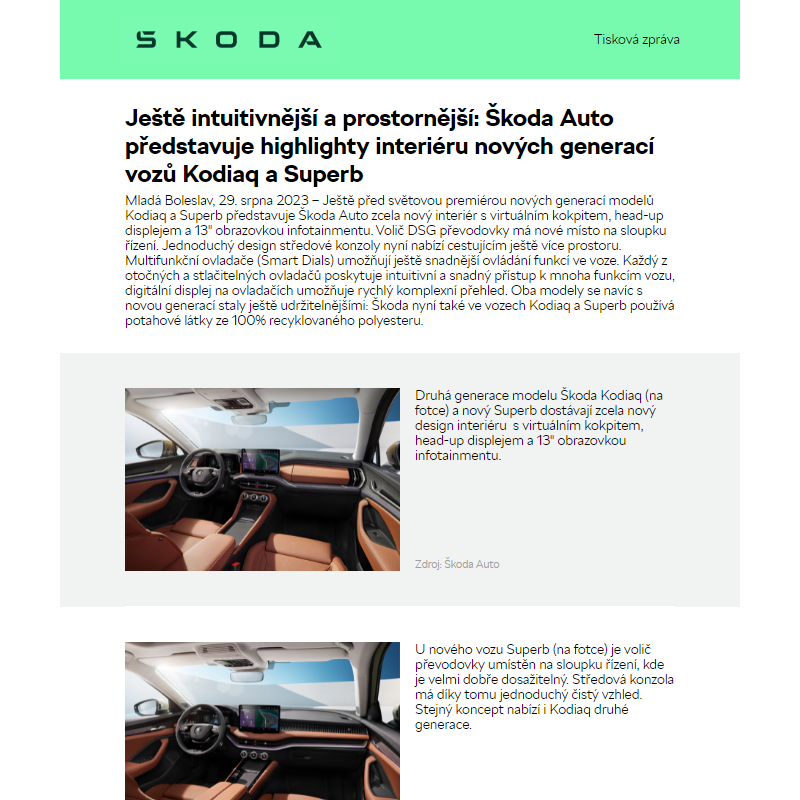 Ještě intuitivnější a prostornější: Škoda Auto představuje highlighty interiéru nových generací vozů Kodiaq a Superb