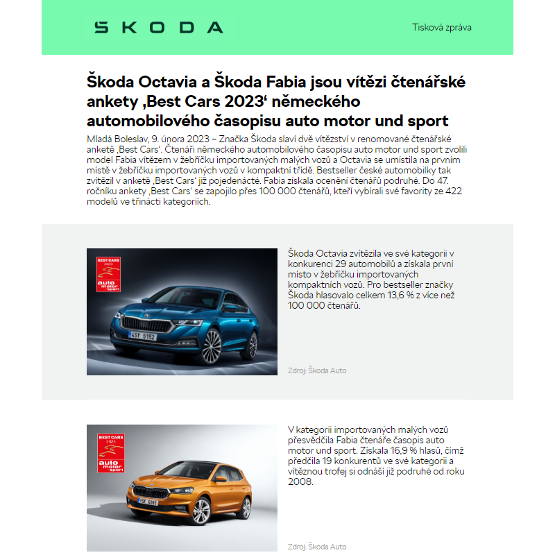 Škoda Octavia a Škoda Fabia jsou vítězi čtenářské ankety ‚Best Cars 2023‘ německého automobilového časopisu auto motor und sport