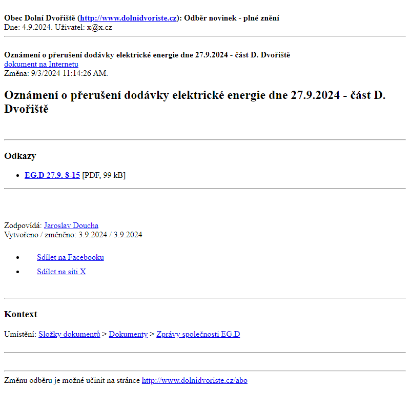 Odběr novinek ze dne 4.9.2024 - dokument Oznámení o přerušení dodávky elektrické energie dne 27.9.2024 - část D. Dvořiště