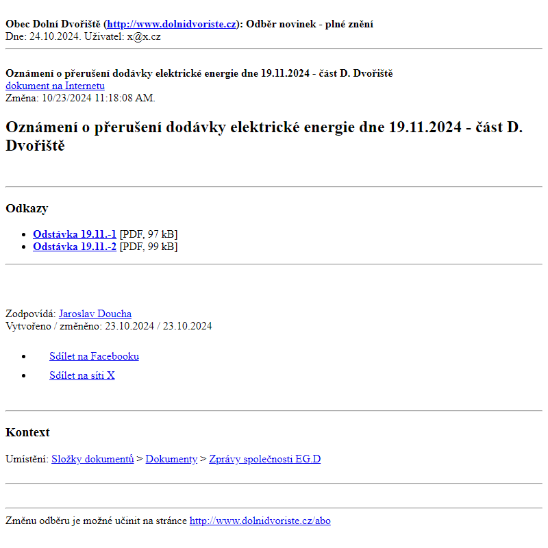 Odběr novinek ze dne 24.10.2024 - dokument Oznámení o přerušení dodávky elektrické energie dne 19.11.2024 - část D. Dvořiště