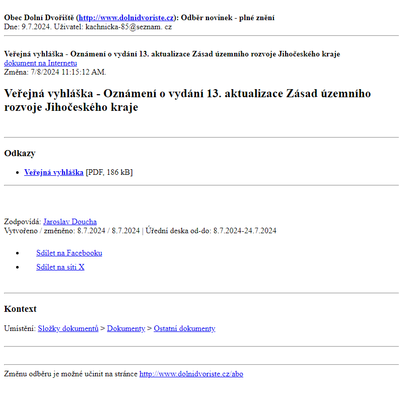 Odběr novinek ze dne 9.7.2024 - dokument Veřejná vyhláška - Oznámení o vydání 13. aktualizace Zásad územního rozvoje Jihočeského kraje