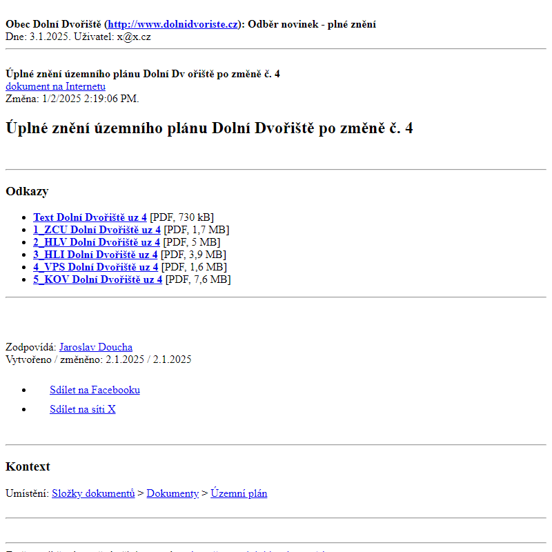 Odběr novinek ze dne 3.1.2025 - dokument Úplné znění územního plánu Dolní Dvořiště po změně č. 4