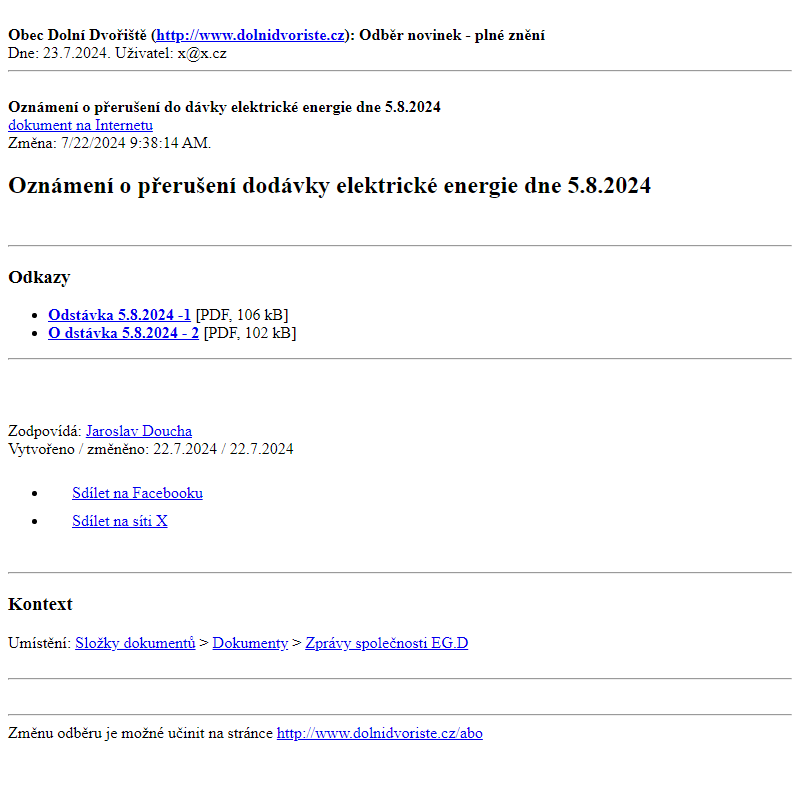 Odběr novinek ze dne 23.7.2024 - dokument Oznámení o přerušení dodávky elektrické energie dne 5.8.2024