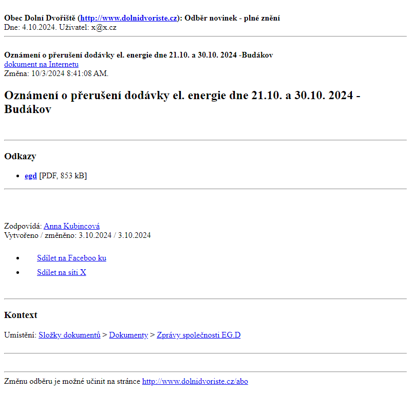 Odběr novinek ze dne 4.10.2024 - dokument Oznámení o přerušení dodávky el. energie dne 21.10. a 30.10. 2024 -Budákov