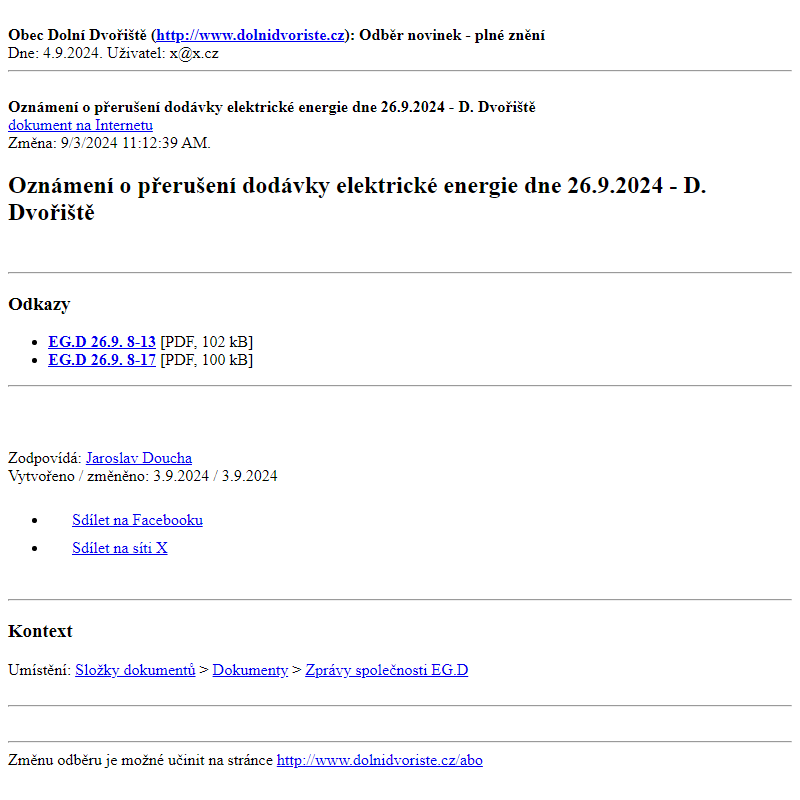 Odběr novinek ze dne 4.9.2024 - dokument Oznámení o přerušení dodávky elektrické energie dne 26.9.2024 - D. Dvořiště