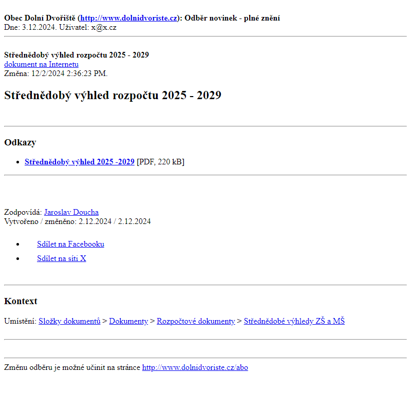 Odběr novinek ze dne 3.12.2024 - dokument Střednědobý výhled rozpočtu 2025 - 2029