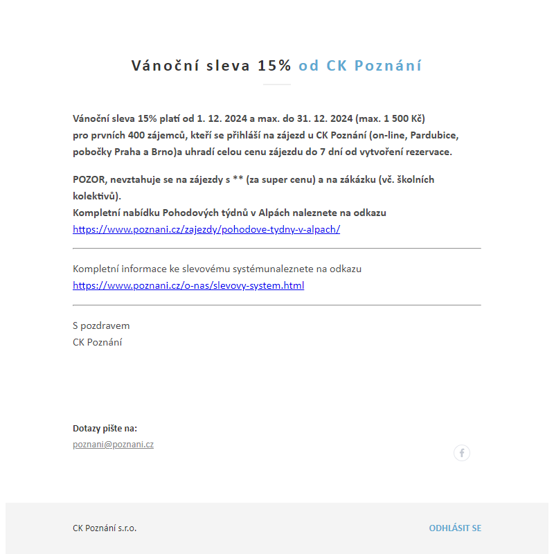 Upřesnění - Vánoční sleva 15% od CK Poznání