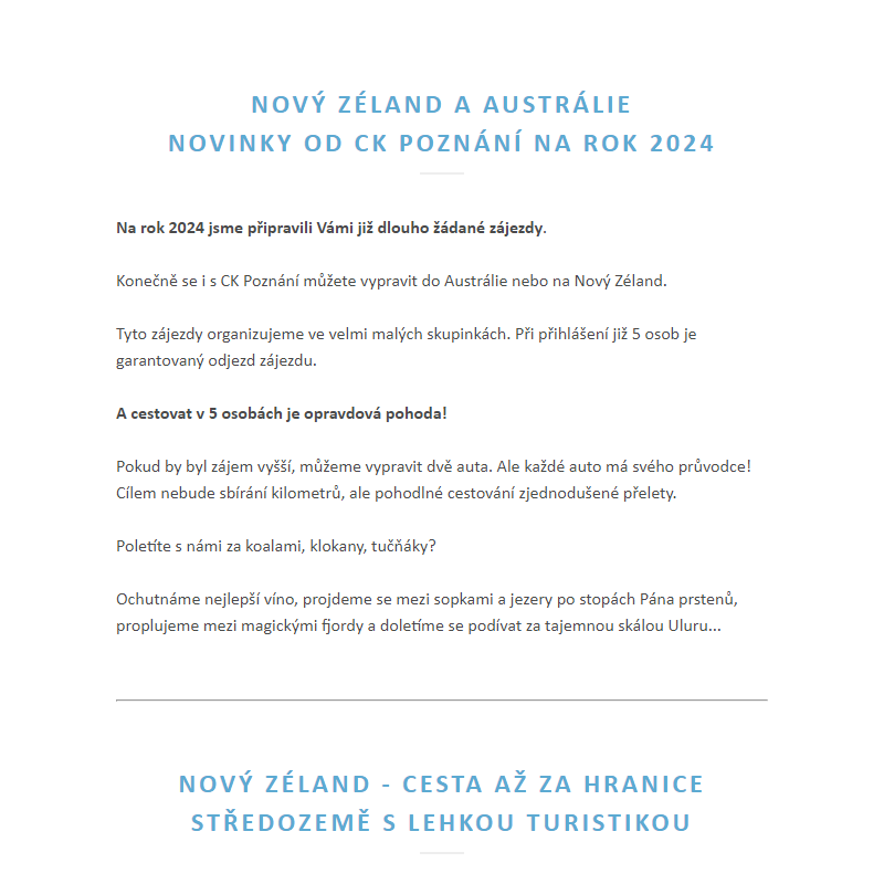 Nový Zéland a Austrálie - Novinky 2024 od CK Poznání