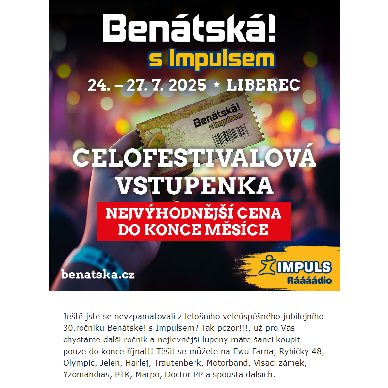 Nejvýhodnější celofestivalová vstupenka pouze do konce října