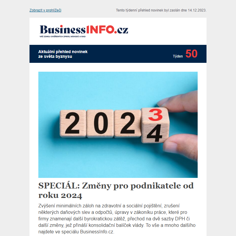Změny pro podnikatele od roku 2024. Daně, podnikatelské prostředí, legislativa... Vše podstatné v tradičním speciálu BusinessInfo.cz