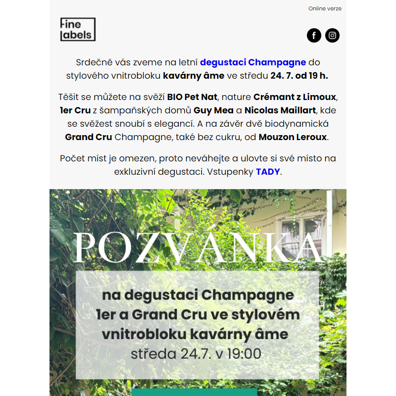 Zveme vás na jedinečnou degustaci Champagne do vnitrobloku kavárny âme